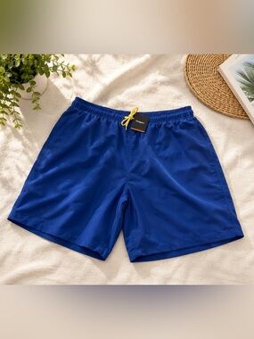 Men's Cobalt Blue Swim Trunks with Yellow Drawcord